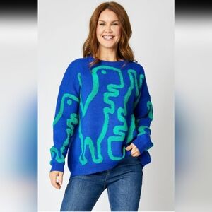NWOT Blue & Green Dino Dinosaur Oversized Knitted Sweater Medium